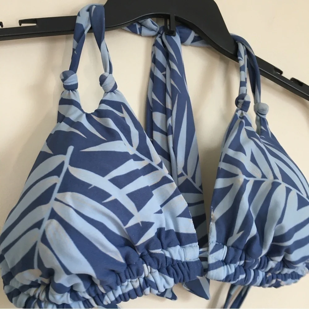 Xhiliration Blue Palm print Adjustable Straps Swimsuit Bikini Top